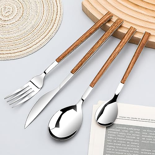 Stainless Steel Flatware Set for 4, Cutlery Utensils Set with Simulated Wooden Handle Include Knives Forks Spoons Service for 4, Mirror Polished and Dishwasher Safe (Silver) Stainless Steel Flatware Set for 4, Cutlery Utensils Set with Simulated Wooden Handle Include Knives Forks Spoons Service for 4, Mirror Polished and Dishwasher Safe (Silver)